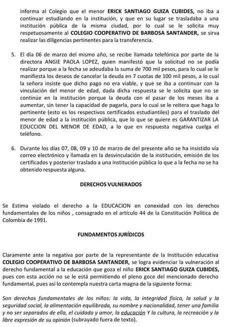Ejemplo de accion de tutela por educacion