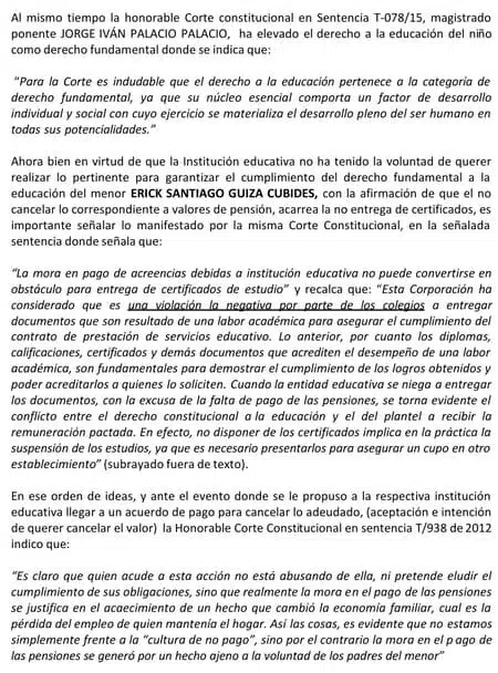 Ejemplo de accion de tutela por educacion