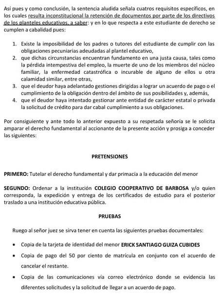 Ejemplo de accion de tutela por educacion