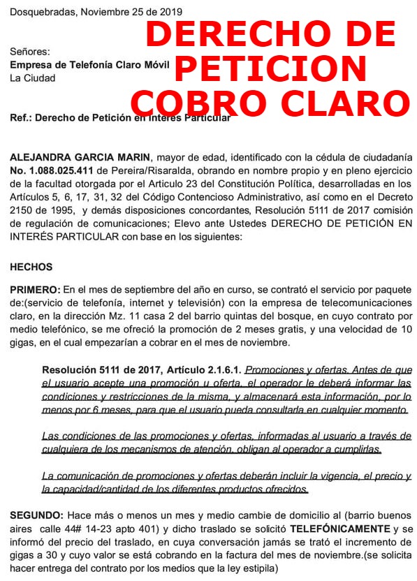 ▷ Modelo Derecho de petición a Claro Colombia