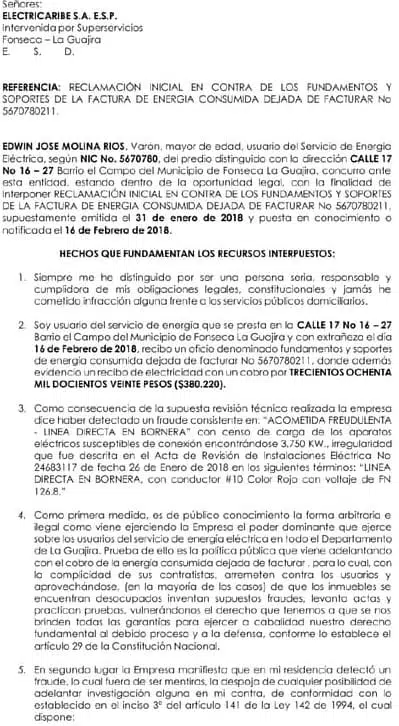 dereho de peticion electricaribe no facturada