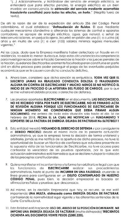 modelo dereho de peticion electricaribe no facturada