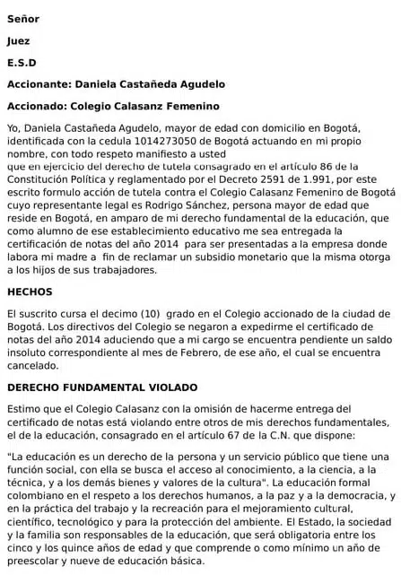 Accion de tutela ejemplo educacion (notas)