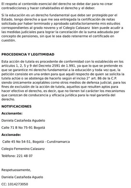 Accion de tutela ejemplo educacion (notas)