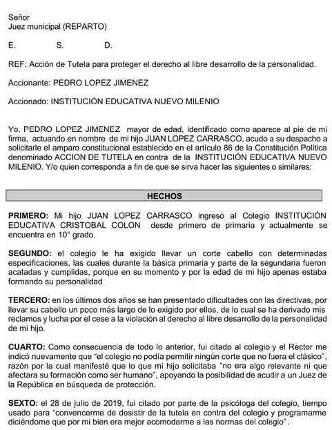 Ejemplo de accion de tutela por educacion (libre personalidad)